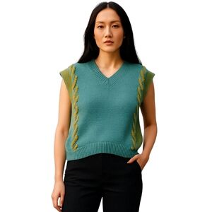 Hand Knit Handmade Pullover Sweater Vest Women's M Colorblock Blue‎ Green NEW